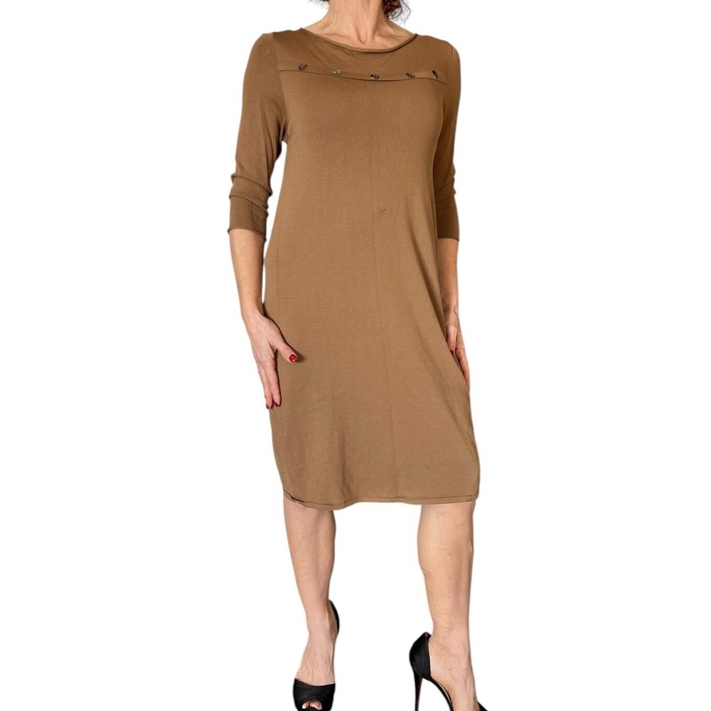 SARAH PACINI BROWN KNIT BATEAU BOAT NECK BUTTON SWEATER DRESS‎ ONE SIZE ITALY